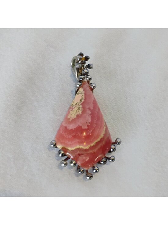 Artisan Jewelry - Artisan Handmade Pink Rhodochrosite Sterling Silver Pendant Modernist Brutalist